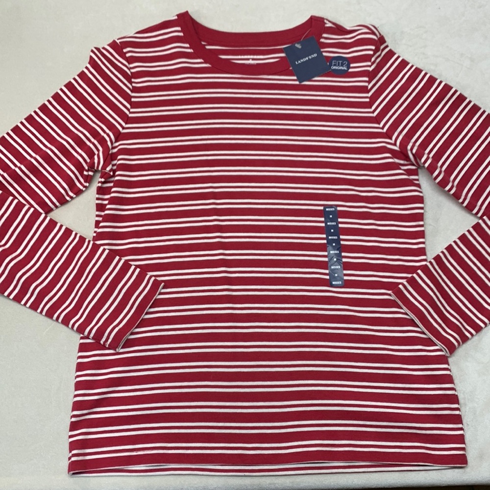 NEW Lands’ End classic cotton long sleeve t-shirt pink white stripe women’s med